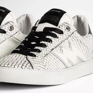 ZADIG & VOLTAIRE KEITH SNAKESKIN EMBOSSED LEATHER SNEAKERS - WHITE